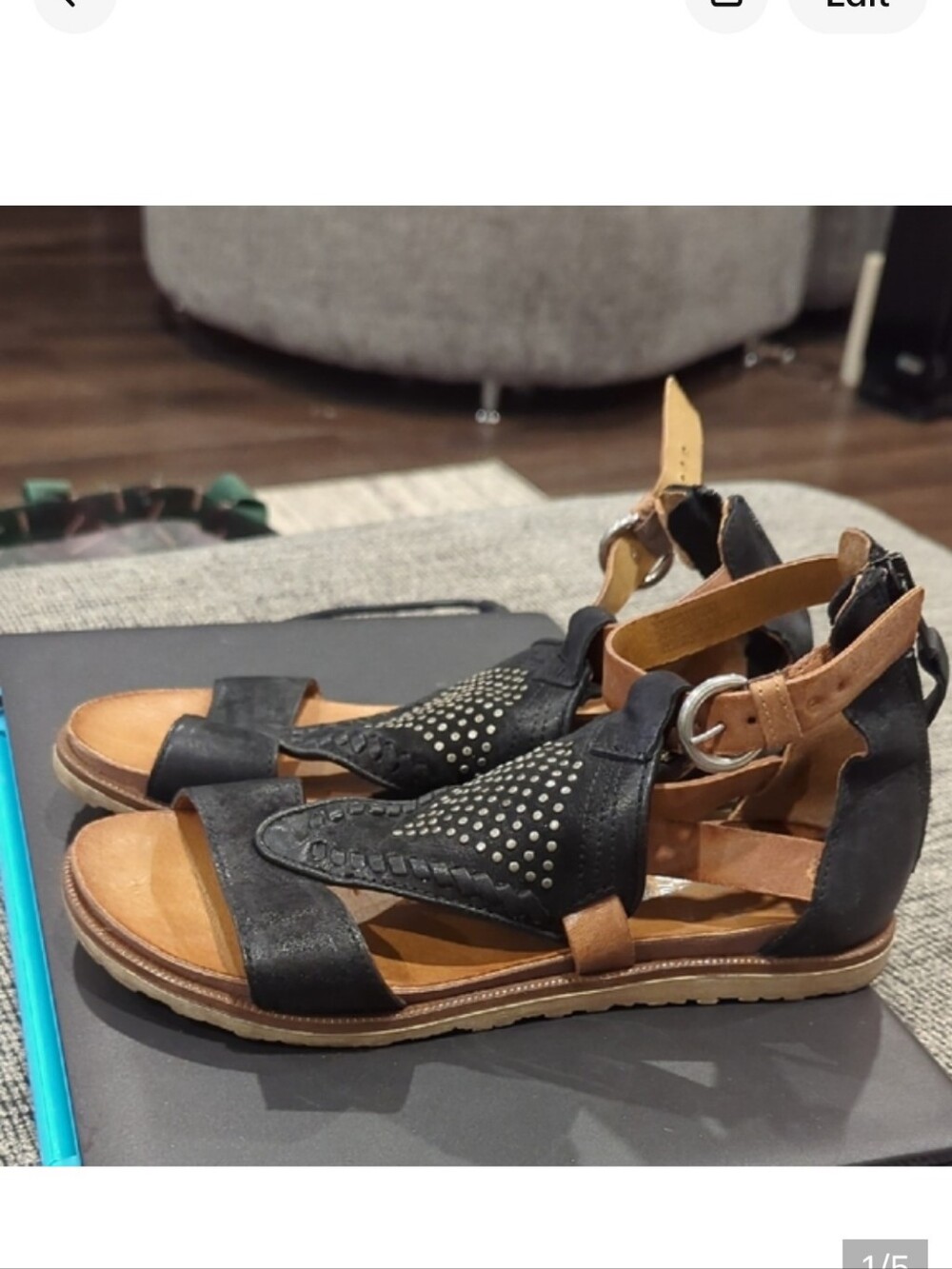 Miz Mooz Black and Tan Sandals with Adjustable Ankle Strap and Cushioned Sole